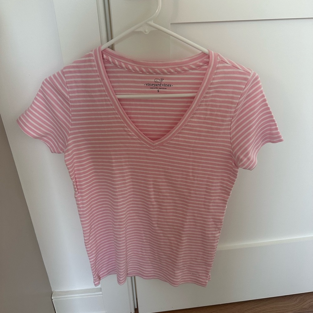 Vineyard Vines Pink & White Striped V-Neck Tee